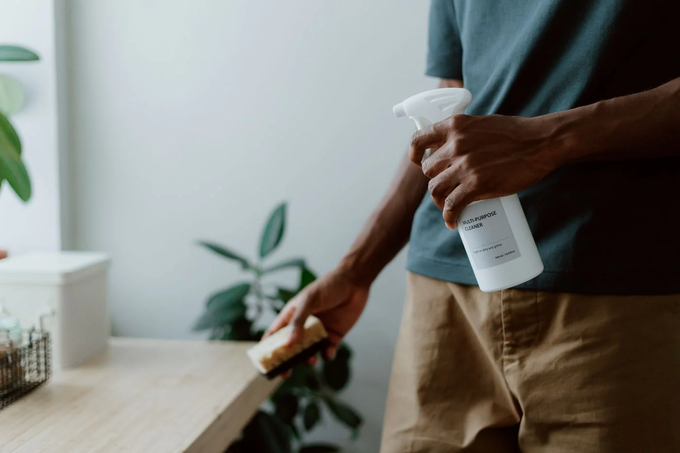Man wiping a table with a sponge and cleaning spray. — illustrative photograph.